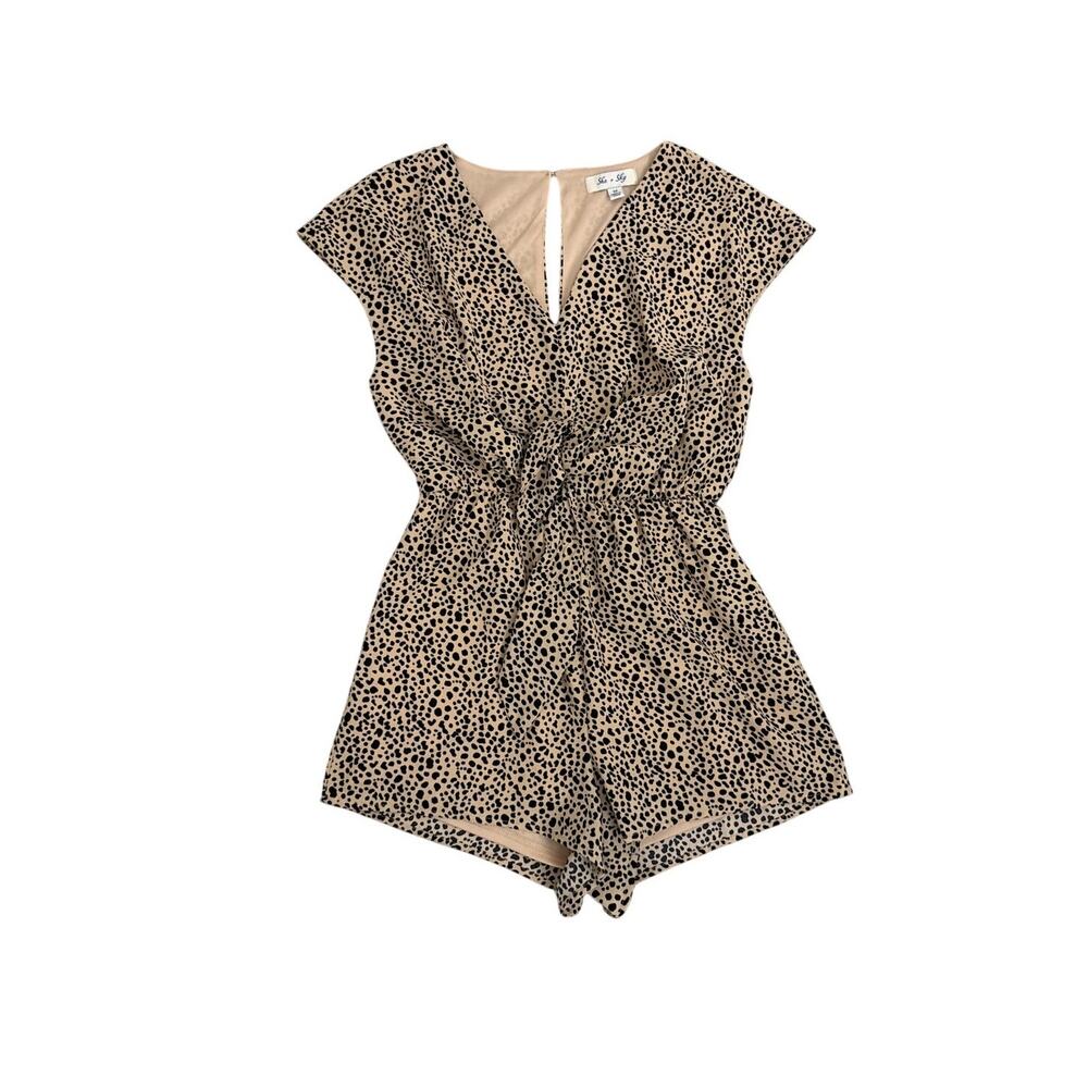 She + Sky Animal Jumpsuit Tan Black Leopard Print Romper Size Medium